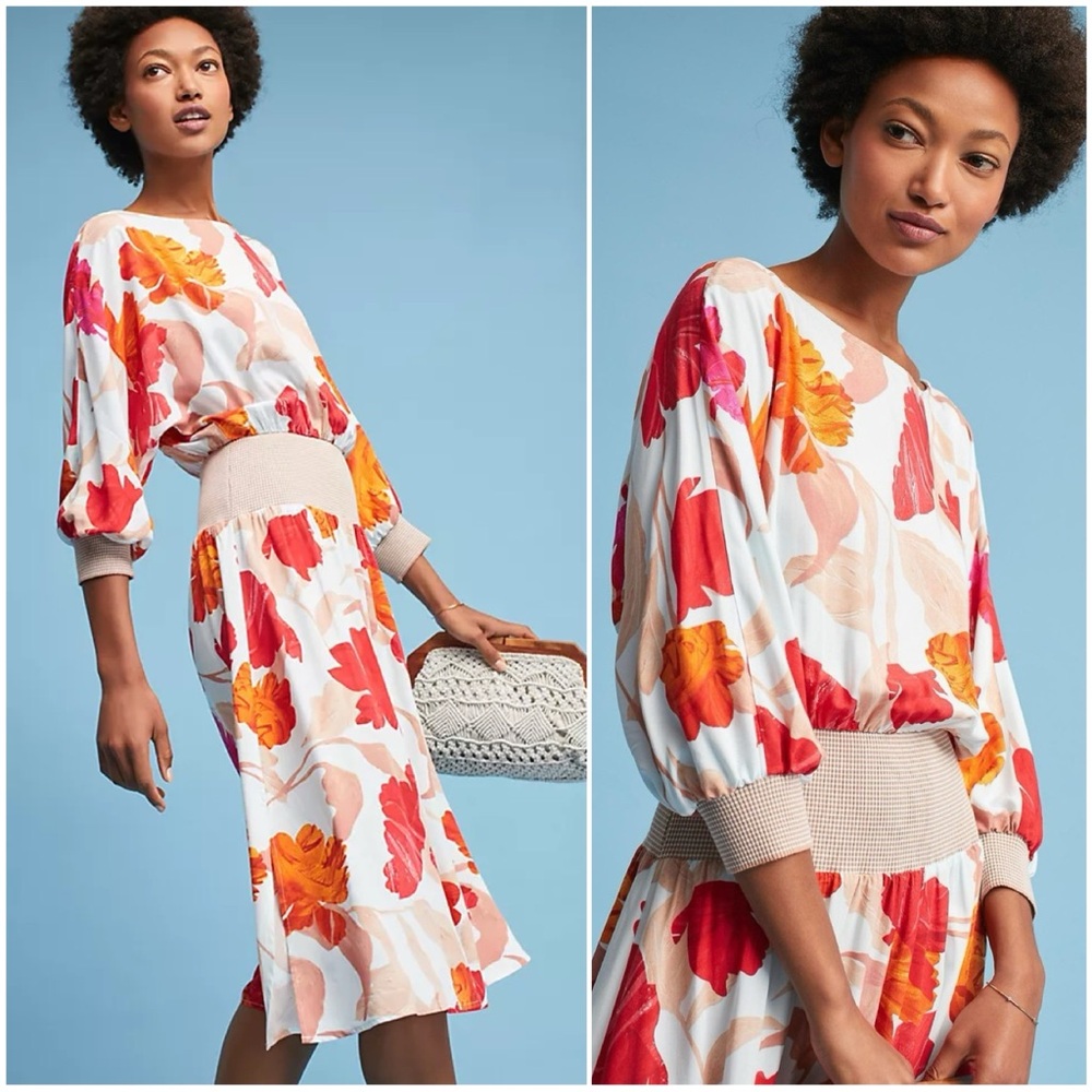 Anthropologie Floral Midi Dress - Red and Pink